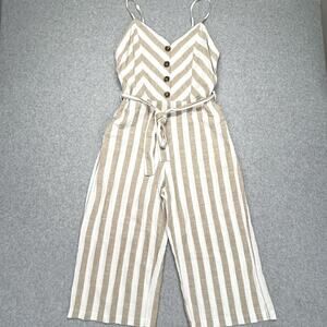 Kensie Linen Blend Striped Jumpsuit Womens L Tan White Wide Leg Cropped Jumper